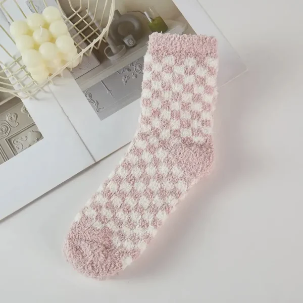 Checkerboard Pattern Fuzzy Winter Socks - Several Colors