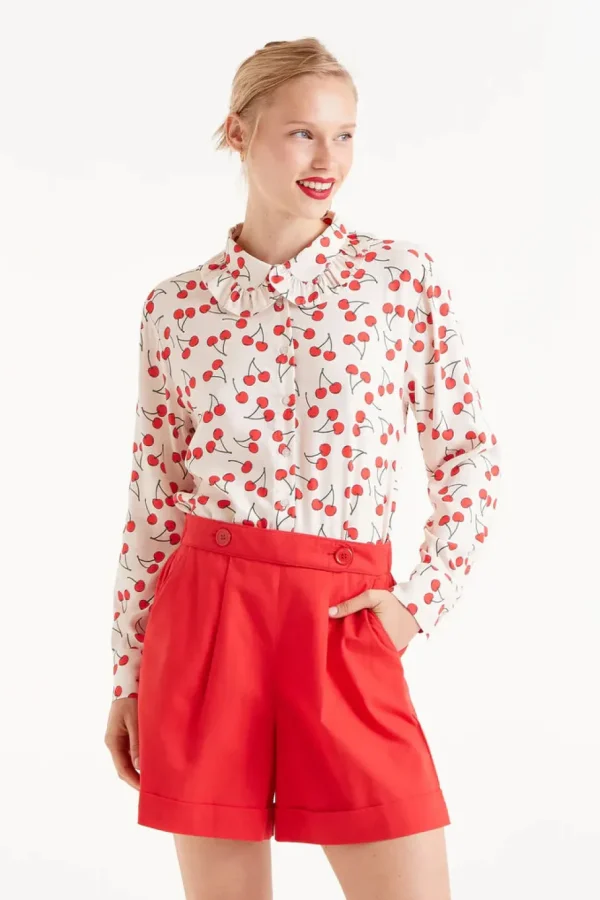 Cherry Print Ruffle Collar Shirt