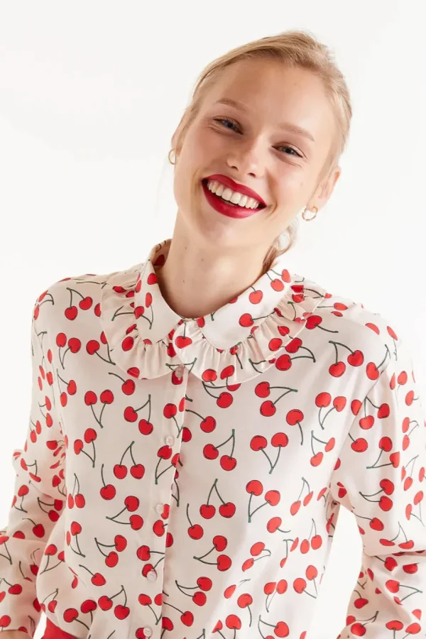 Cherry Print Ruffle Collar Shirt