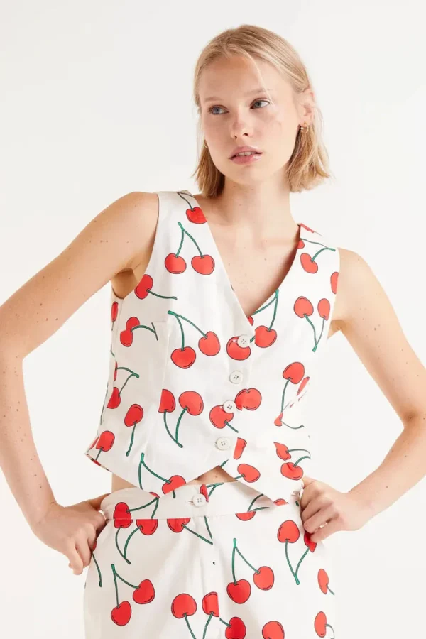 Cherry Print Tailored Vest