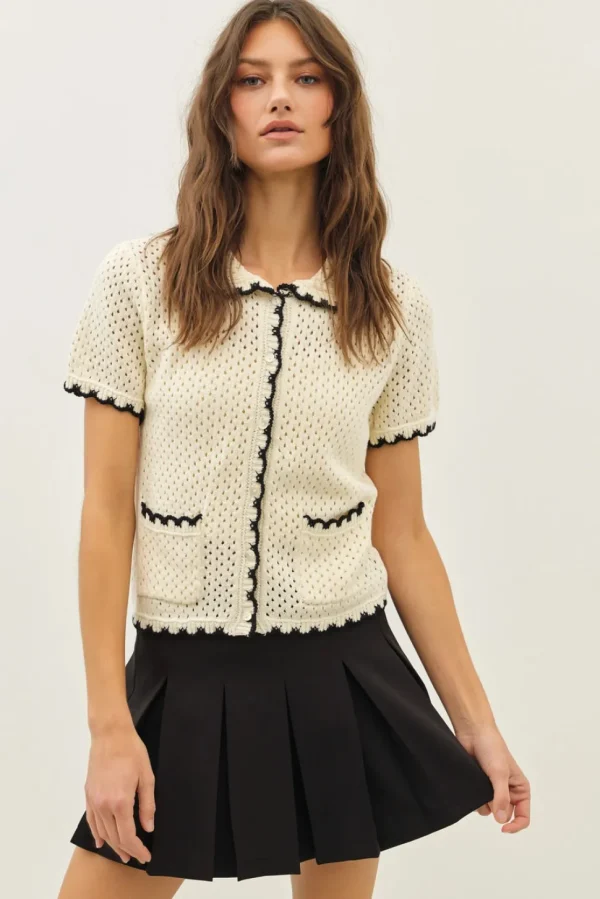 Contrast Scallop Cardigan - Black/Cream