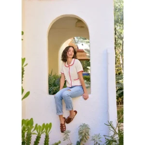 Contrast Scallop Cardigan - Red/Cream