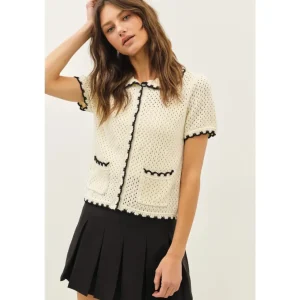 Contrast Scallop Cardigan - Black/Cream