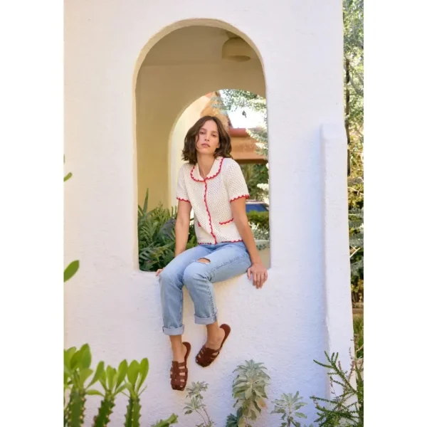 Contrast Scallop Cardigan - Red/Cream