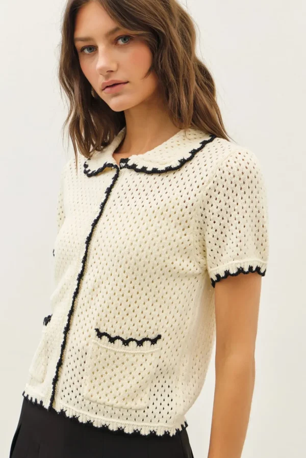 Contrast Scallop Cardigan - Black/Cream