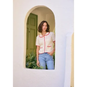Contrast Scallop Cardigan - Red/Cream