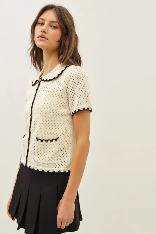 Contrast Scallop Cardigan - Black/Cream