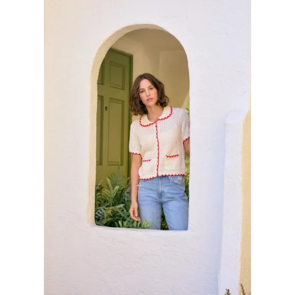 Contrast Scallop Cardigan - Red/Cream
