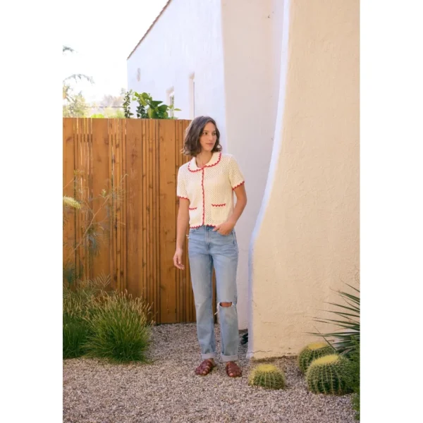 Contrast Scallop Cardigan - Red/Cream
