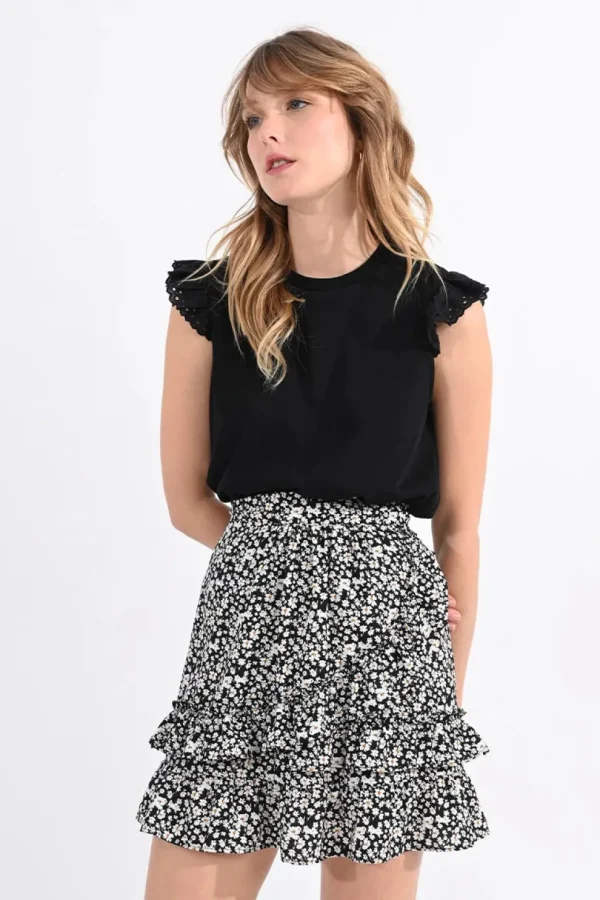 Cotton Ruffled Sleeve Tee - Black