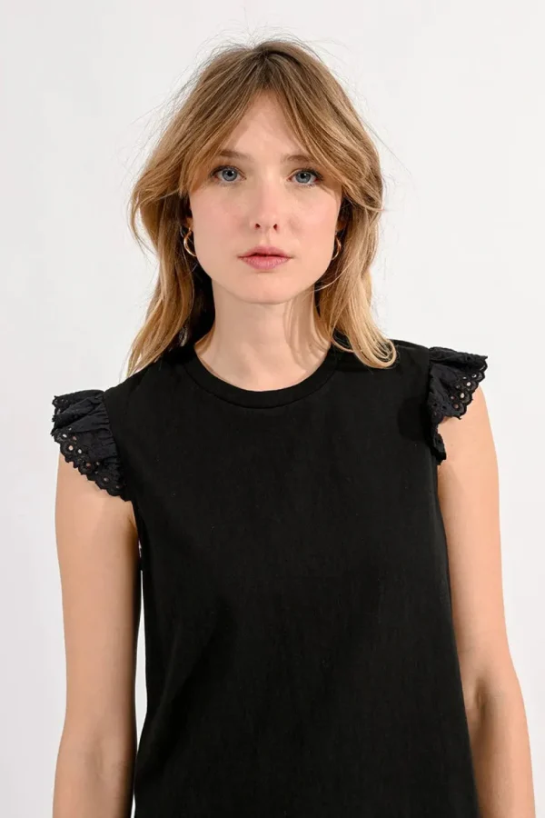 Cotton Ruffled Sleeve Tee - Black