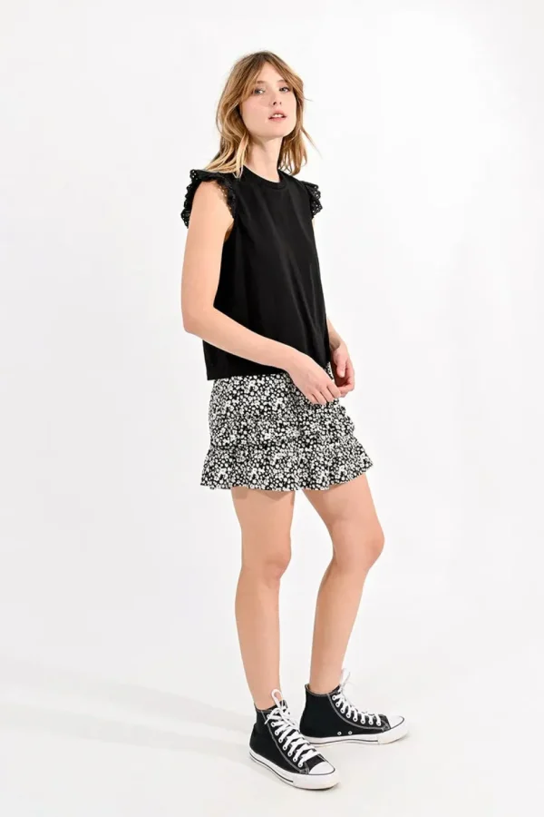 Cotton Ruffled Sleeve Tee - Black