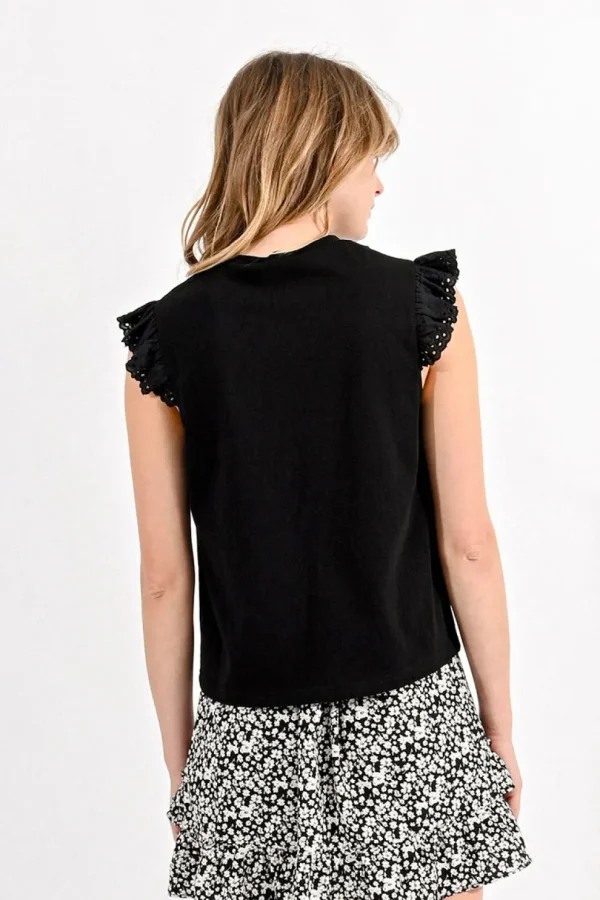 Cotton Ruffled Sleeve Tee - Black