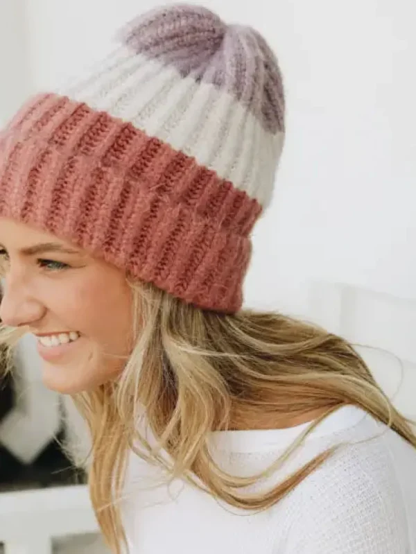 Cozy Color Block Wool Beanie - Rose/Lavender