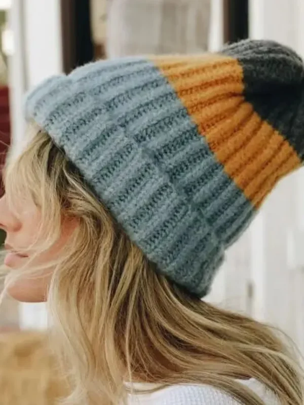 Cozy Color Block Wool Beanie - Blue/Mustard