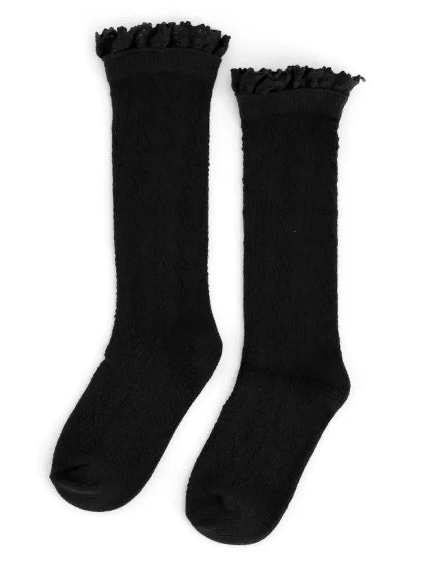 Fancy Lace Top Knee High Socks - Black