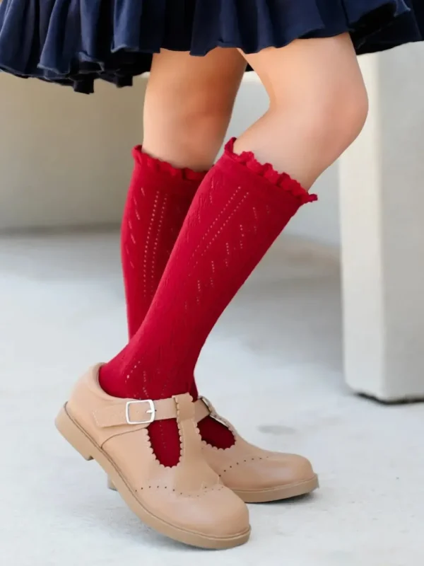 Fancy Lace Top Knee High Socks - Cherry