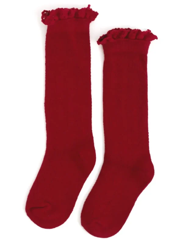 Fancy Lace Top Knee High Socks - Cherry