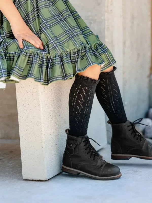 Fancy Lace Top Knee High Socks - Black