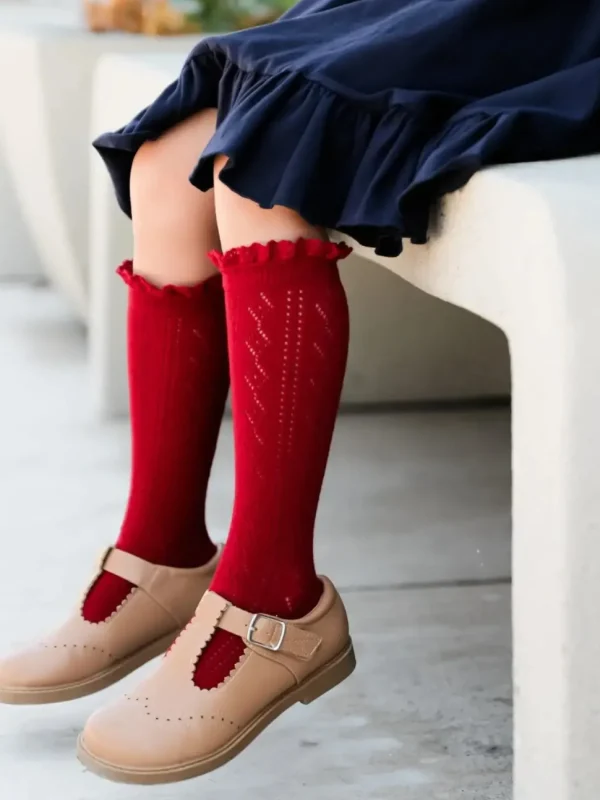 Fancy Lace Top Knee High Socks - Cherry