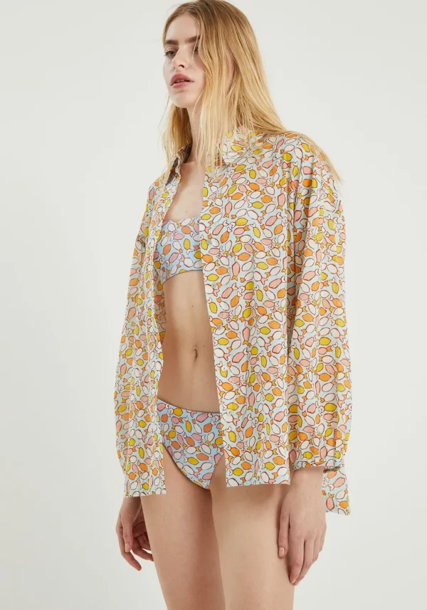 Fish Print Oversized Long-Sleeved Shirt