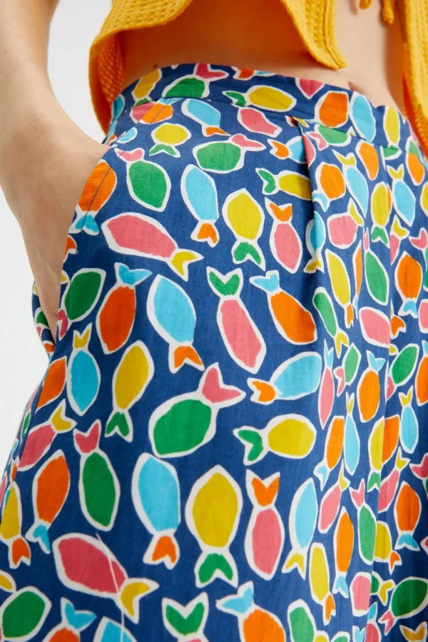 Fish Print Wide-Leg Cropped Trousers