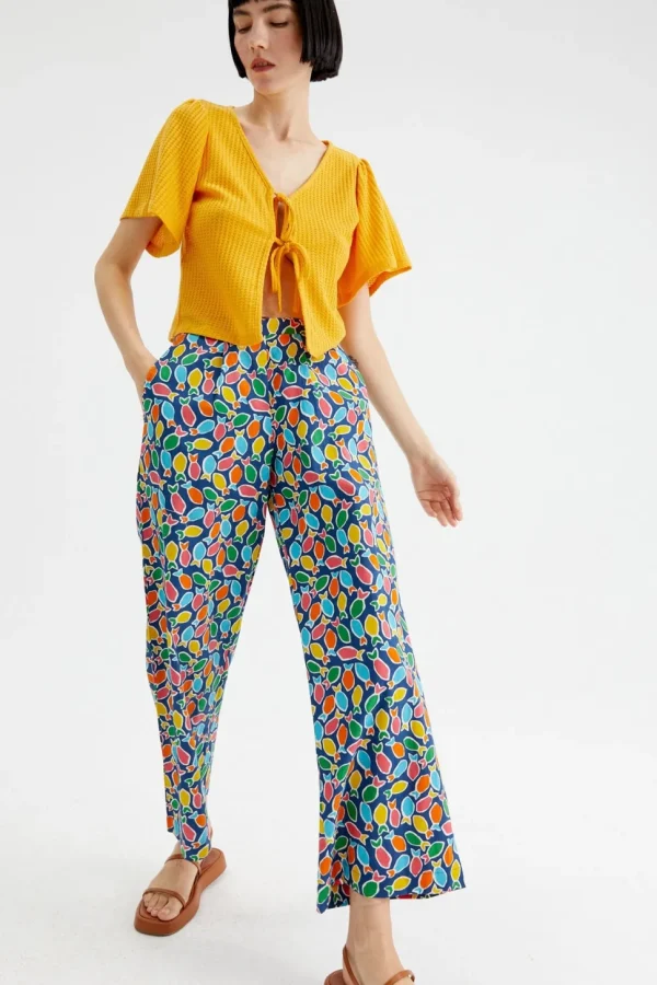 Fish Print Wide-Leg Cropped Trousers