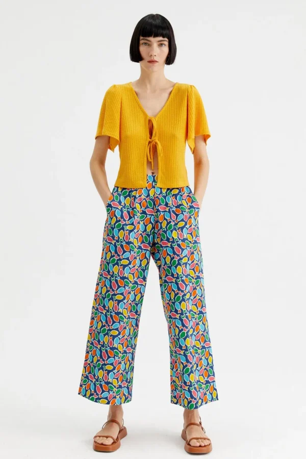 Fish Print Wide-Leg Cropped Trousers