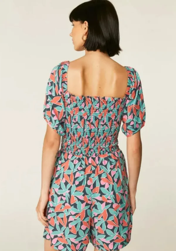 Floral Bird of Paradise Print Smocked Playsuit