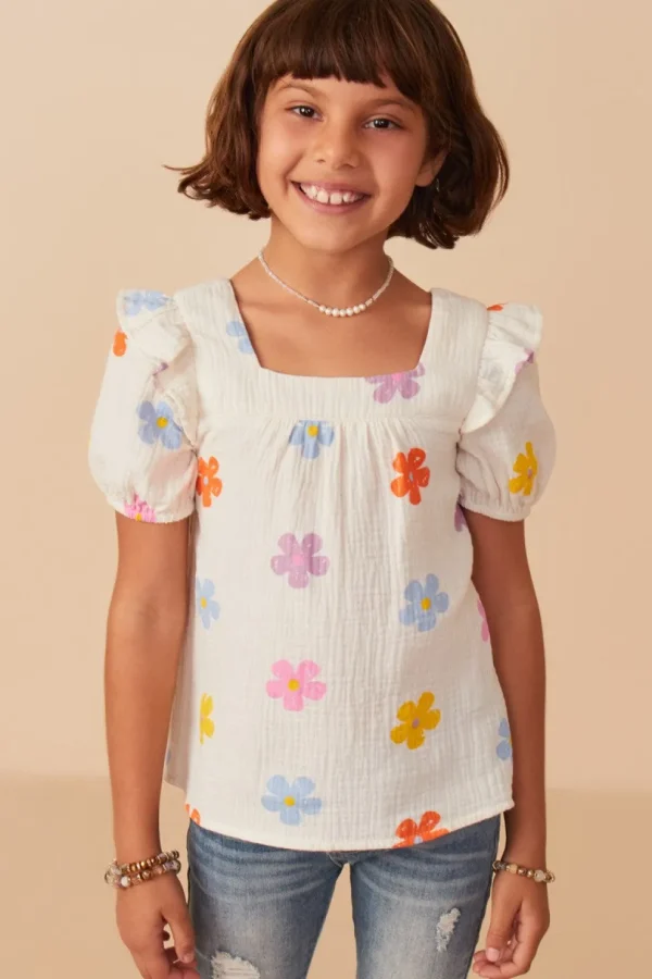 Floral Gauze Textured Square Neck Top