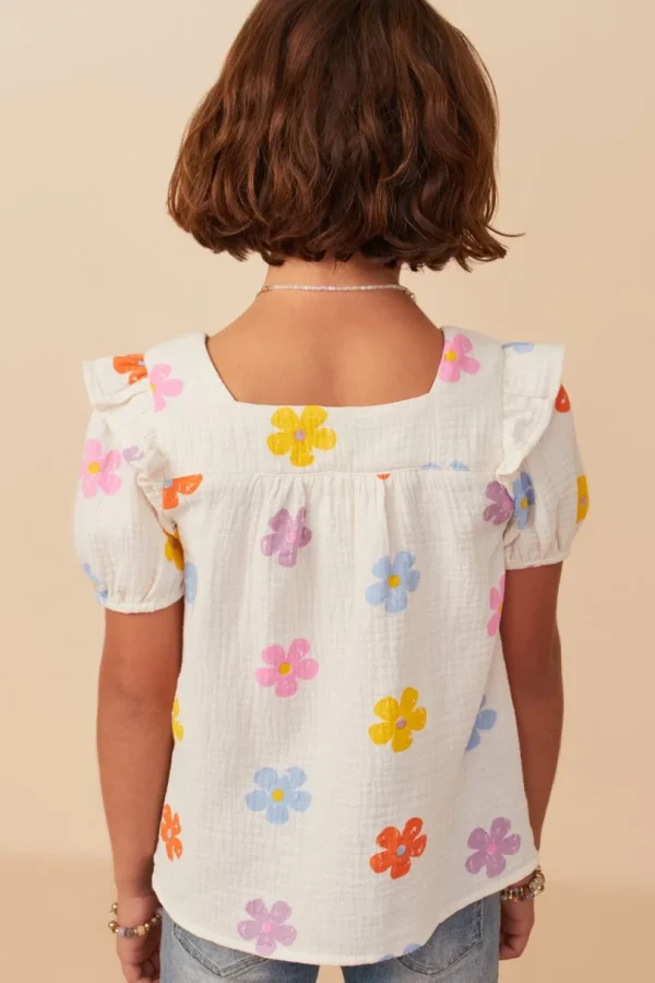 Floral Gauze Textured Square Neck Top