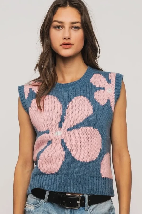 Floral Sweater Vest - Blue
