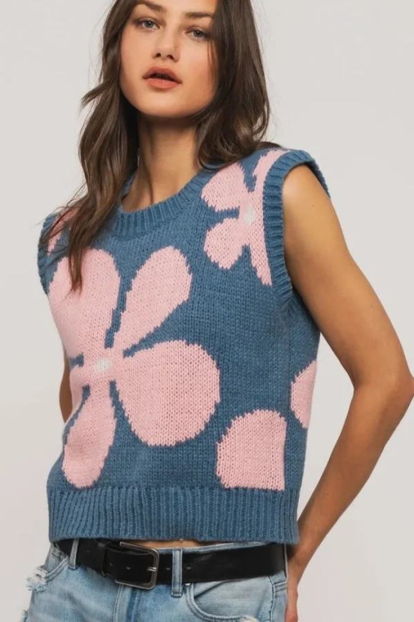 Floral Sweater Vest - Blue