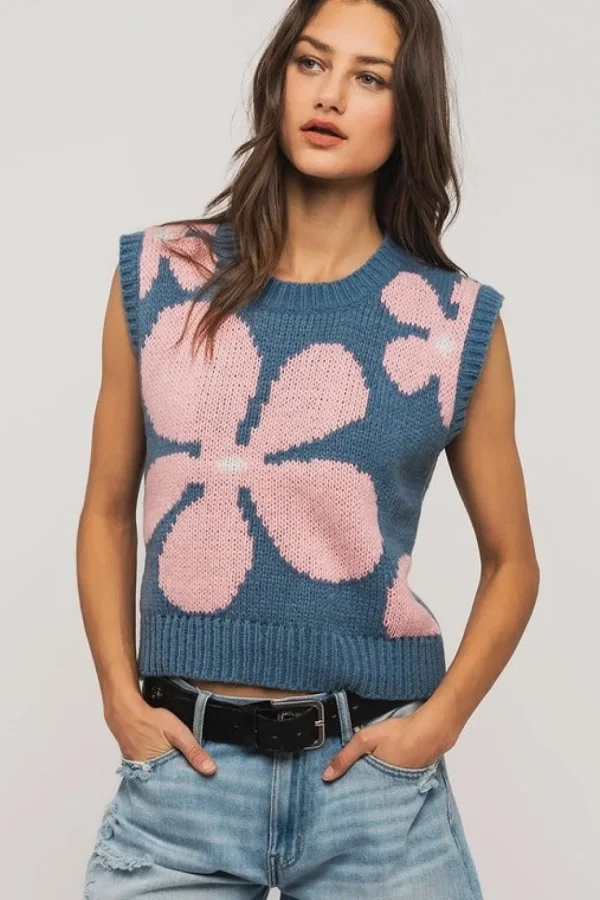 Floral Sweater Vest - Blue