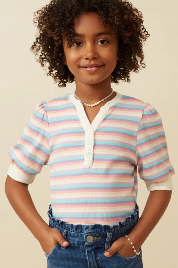 Girls Contrast Banded Button Detail Ribbed Knit
