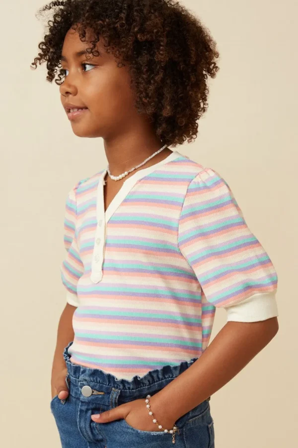Girls Contrast Banded Button Detail Ribbed Knit