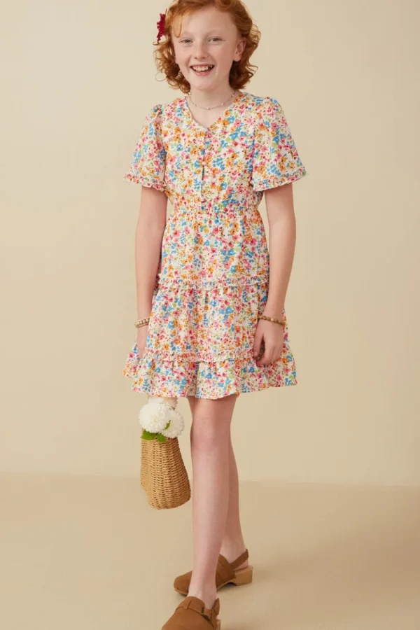 Girls Ditsy Floral Ruffle Tiered Button Dress