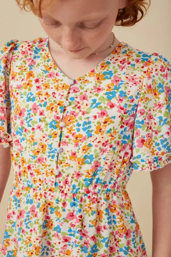 Girls Ditsy Floral Ruffle Tiered Button Dress