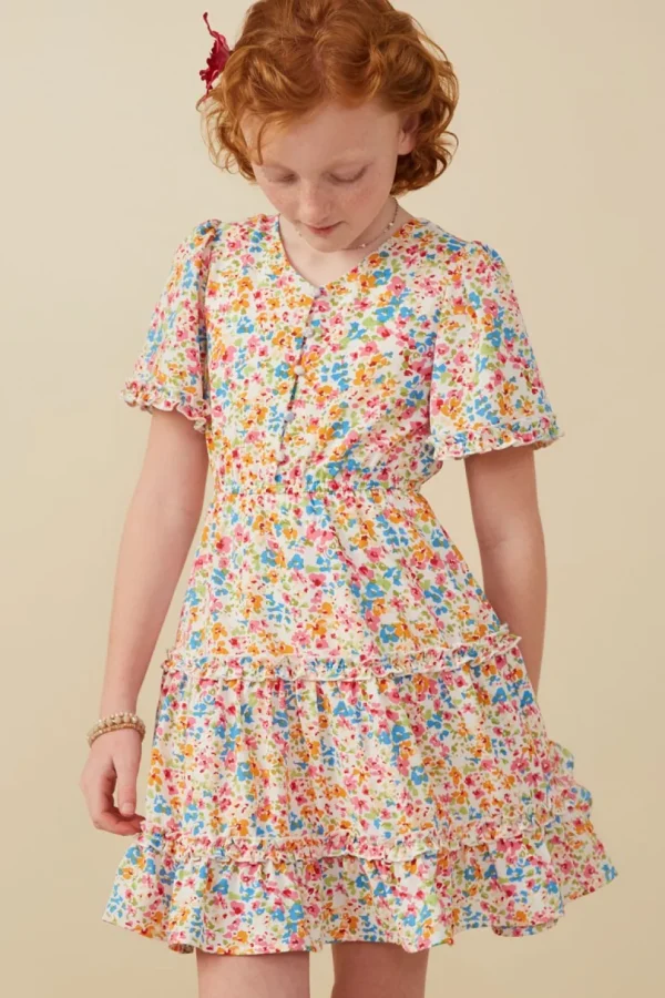 Girls Ditsy Floral Ruffle Tiered Button Dress