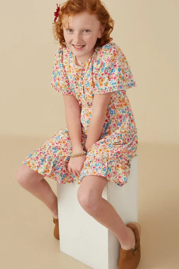Girls Ditsy Floral Ruffle Tiered Button Dress