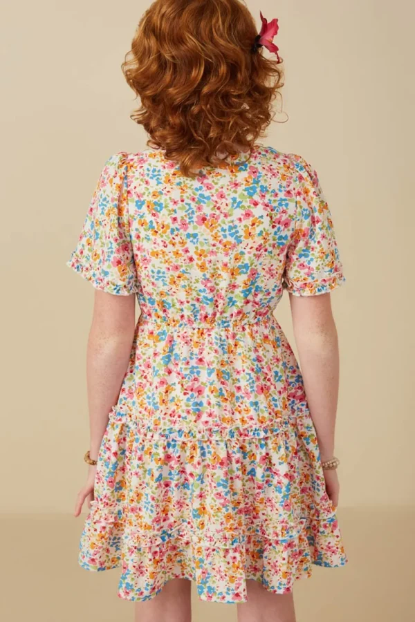 Girls Ditsy Floral Ruffle Tiered Button Dress