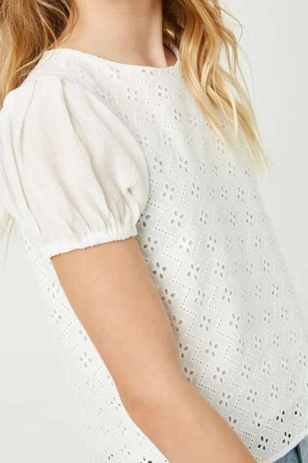 Girls Honeycomb Eyelet Contrast Sleeve Top