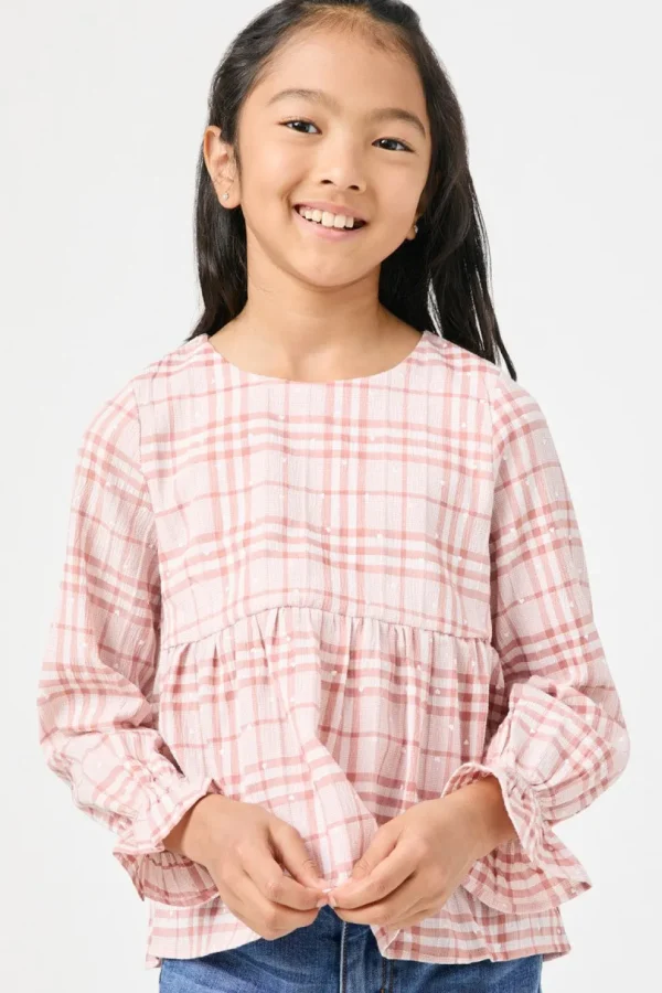 Girls Long Sleeve Plaid Peplum Top