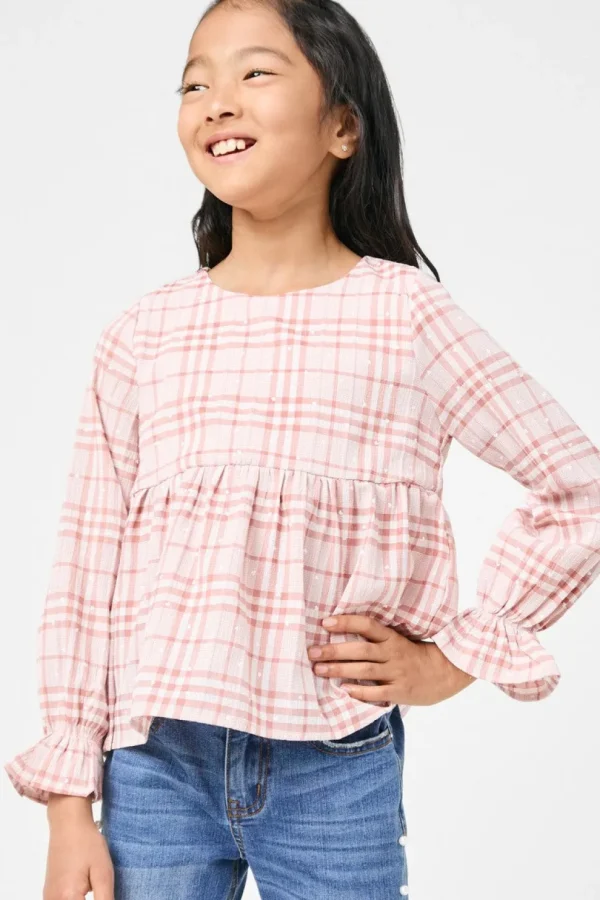 Girls Long Sleeve Plaid Peplum Top