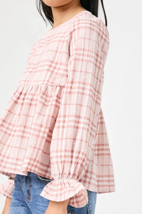 Girls Long Sleeve Plaid Peplum Top
