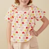 Girls Textured Ruffle Detail Heart Print Top
