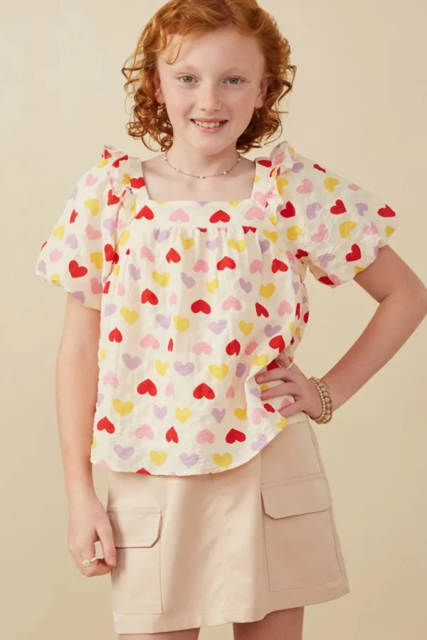 Girls Textured Ruffle Detail Heart Print Top