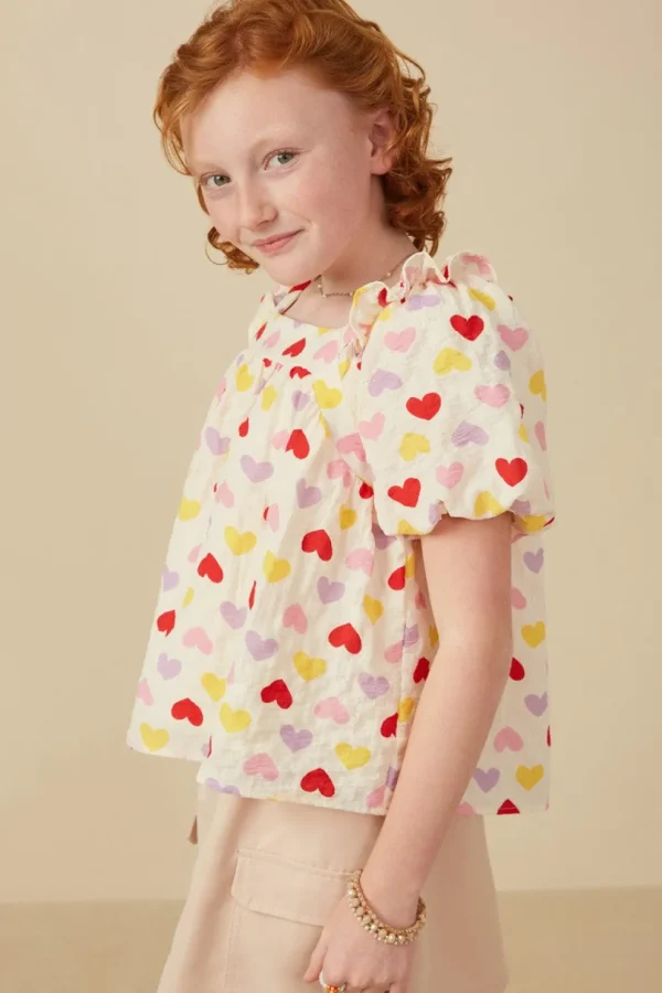 Girls Textured Ruffle Detail Heart Print Top