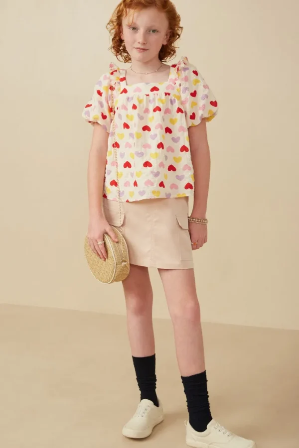 Girls Textured Ruffle Detail Heart Print Top