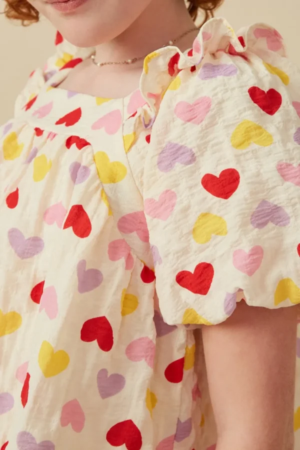 Girls Textured Ruffle Detail Heart Print Top